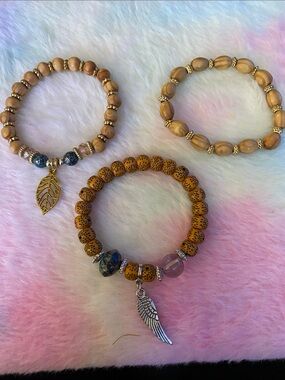 Handmade Wood Bead Bracelets Set with Gold and Silver Charms - Brown